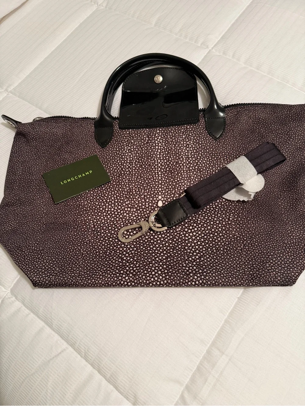 Longchamp Black & White Pebble Print Tote with Black Patent Leather Accents NWT